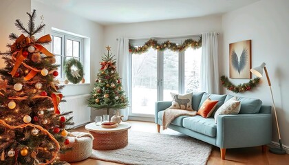 Wall Mural - A cozy living room with a decorated Christmas tree, a white sofa, and a coffee table with candles and decorative elements