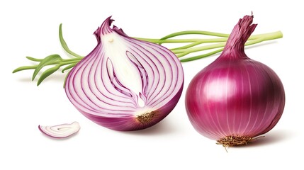 A red onion cut in half, layered vegetable, realistic digital painting, purple and white, isolated on white background  