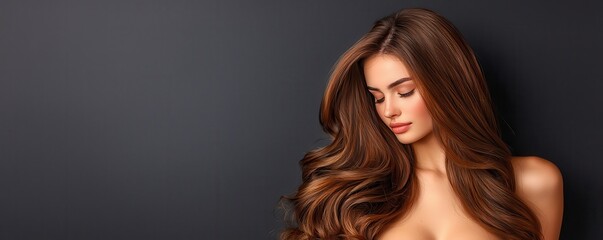 A woman with long, flowing brown hair is posing for the camera against a dark gray background. The focus of her face and body should be on showcasing her healthy, shiny hair