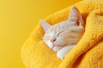 A fluffy white cat peacefully sleeps wrapped in a bright yellow towel against a cheerful yellow backdrop.