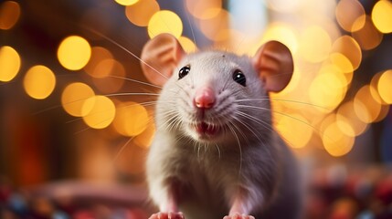 Wall Mural - Cute baby rat with happy face is in the background bokeh 