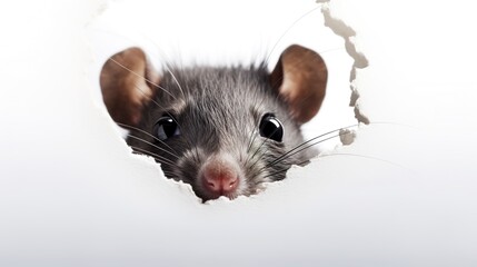 Sticker - A realistic photo of a rat peering out from a hole on a clean white background, its coarse fur and beady eyes visible.  