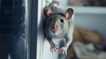 Wall Mural - Closeup of a rat scurrying under a refrigerator, only its tail visible  