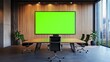 © wikkie - Modern conference room with a large green screen for presentations.