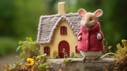 Canvas Print - A cute dressed wool felted mouse in front of a cozy fairytale knitted house 