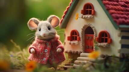 Wall Mural - A cute dressed wool felted mouse in front of a cozy fairytale knitted house 