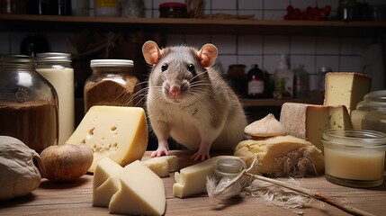 Wall Mural - Pest Infestation Alert: Rat Damage to Stored Food Items - Concept of Contamination and Unhygienic Conditions with Copy Space 