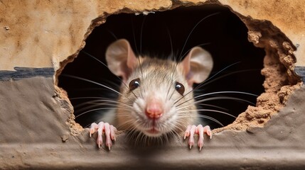 Poster - This close-up shows a curious rat peeking out from a hole in a deteriorated, peeling wall, showcasing a sense of intrusion or infestation  