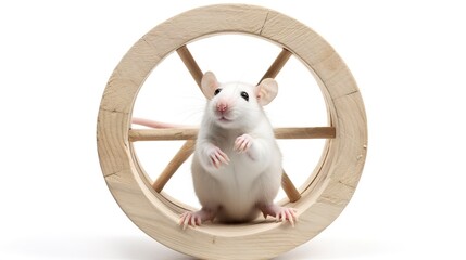 Poster - A rat runs happily in an empty, vertical white wood wheel with no wheels on the bottom. isolate on white background  