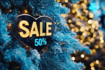 Poster - Black heart sale sign hanging on Christmas tree.