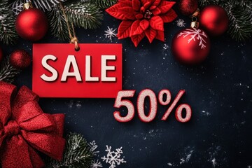 Poster - Christmas sale 50% off - A festive and bustling store with colorful holiday decorations, crowded aisles, and shelves stocked with discounted merchandise.