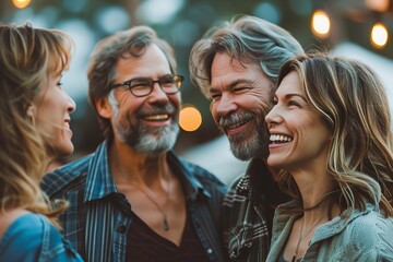 Group of friends having fun together at a rooftop party. Cheerful mature couple and their adult daughter bonding outdoors.