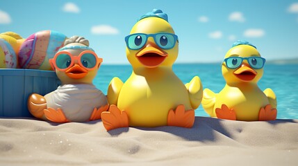 Poster - 3d rubber ducks in bright colors sunbathe on a beach in sunglasses  