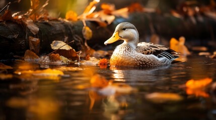 Canvas Print - duck swimming in water, autumn 