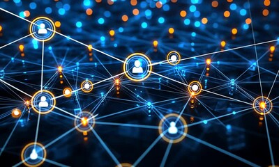 Abstract network with blue and orange lights on a dark background.