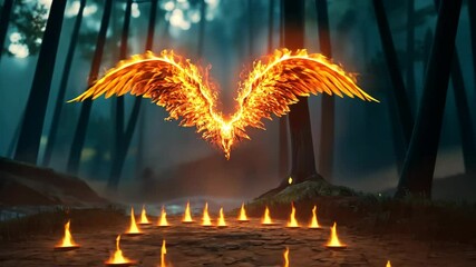 Wall Mural - A pair of fiery wings float above a path in a dark forest, surrounded by flames