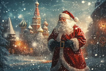 Sticker - Santa Claus delivering gifts in a snowy village, surrounded by colorful lights and a cheerful atmosphere.