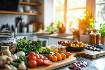 Kitchen counter with various colorful vegetables arranged neatly for cooking.