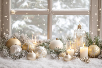 Wall Mural - Christmas decorations and candles on a window sill glowing warmly in the evening.