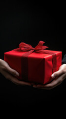 Poster - Person holding red gift box with bow, standing against a white background.