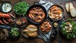 © DREAMERLYN STUDIO - A rustic table spread with a variety of dishes, including seafood, bread, and salads, set for a casual family-style meal. Warm and hearty.