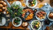 © DREAMERLYN STUDIO - A rustic table spread with a variety of dishes, including seafood, bread, and salads, set for a casual family-style meal. Warm and hearty.
