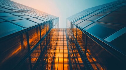 Wall Mural - low angle view of two modern glass skyscrapers reaching for the sky at sunset.