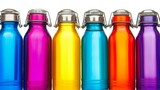 Colorful Glass Bottles with Metal Caps   Row of Six   White Background