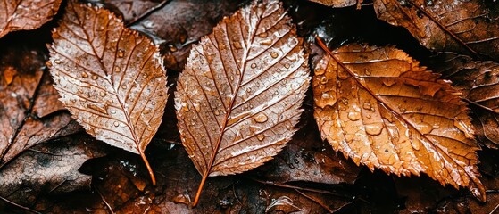  A collection of brown leaves atop a damp forest floor, illuminated by sunlight and speckled with raindrops on a sunny day