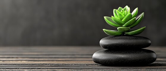  A small green plant sits atop black rocks on a wooden table Nearby, a gray wall stands