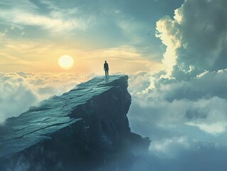 Poster - Silhouette of a Man Standing on a Clifftop Above the Clouds at Sunset