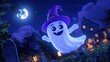 © Theeranan - A smiling white ghost with a purple hat, hovering above a graveyard at night, captured in a cute 3D style.