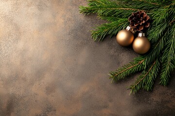  A pine branch displaying two golden ornaments and a pine cone atop it against a brown backdrop