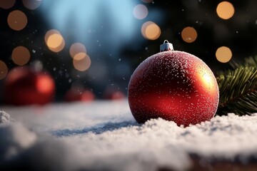  A red ornament atop a snowy mound, adjacent to a Christmas tree aglow with lights