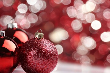  Two red Christmas ornaments atop a white table, beside a red-and-white Christmas tree