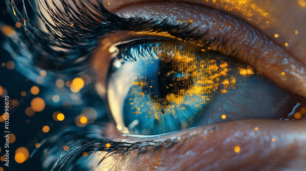 zoomed in human eye yellow transparent digtial overlay of binary code ...