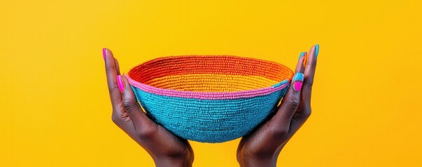 A vibrant, handwoven bowl is cradled in two hands against a bright yellow backdrop, showcasing colorful craftsmanship and artistry.