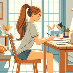 No.2 “A detailed vector illustration of a woman with her hair in a ponytail, working at home and sitting at a table. She is wearing a casual t-shirt and shorts, looking comfortable and relaxed