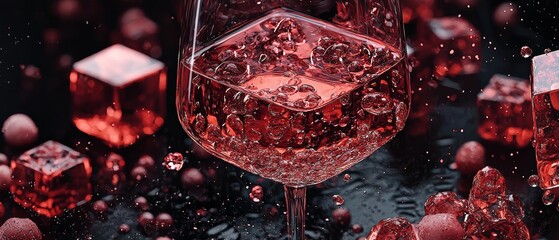  A tight shot of a wine glass filled with ice cubes and adorned with water droplets