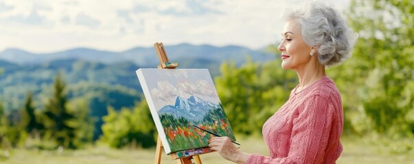 Elderly woman painting a landscape on an easel in a vibrant outdoor setting.