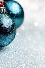  Two blue ornaments atop a white counter, alongside a silver and red Christmas ornament