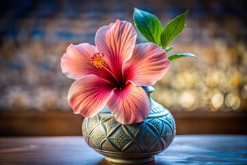 Canvas Print - Pink hibiscus flower in decorative vase with delicate unfurling petals