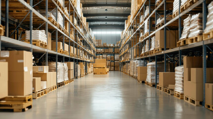 A spacious warehouse filled with shelves of neatly stacked cardboard boxes and products, ideal for storage and logistics.