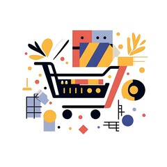 A colorful graphic illustration of a shopping cart filled with various items.