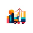 © Desain - A colorful abstract illustration of a construction scene with a crane and geometric shapes.