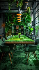 Canvas Print - Green interior design with a grass table and green chairs. AI.