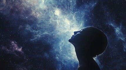 Aufkleber - A profound silhouette contemplating the infinite universe exploring cosmic connections and human existence in celestial depths
