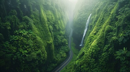 Wall Mural - A winding road leads to a waterfall hidden in a lush green canyon. AI.