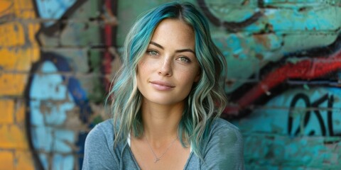 Wall Mural - A woman with blue hair stands in front of a colorful wall. AI.