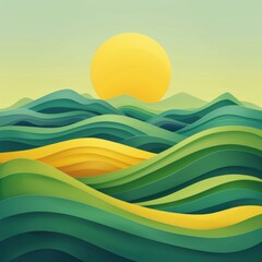 Wall Mural - Abstract landscape with a bright sun. AI.